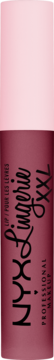 Pionowe ujęcie płynnej pomadki NYX Lingerie XXL w ciemnoczerwonej tubce z różową nakrętką i czarnym logo.