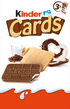 Opakowanie Kinder Cards, białe, z logo, wafelkami mlecznym i kakaowym z kremowym nadzieniem, mlekiem i zbożem.