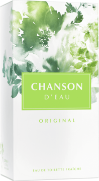 Białe pudełko wody toaletowej Chanson d'Eau Original, z zielonymi, akwarelowymi wzorami i logo, widok z przodu.