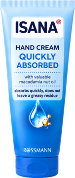 Niebieska tubka Isana Hand Cream Quickly Absorbed z olejkiem makadamia, z kroplą wody i oleju, widok z przodu.