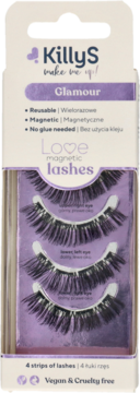 KillyS Love magnetic lashes w fioletowym opakowaniu, widoczne trzy pary rzęs. Opis: Glamour, bez kleju, wielorazowe.