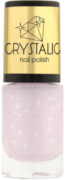 Ados Crystalic brokatowy lakier do paznokci, jasnofioletowy, w szklanej butelce ze złotą nakrętką z logo. Widok z przodu.