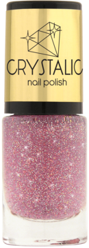 Różowy, brokatowy lakier do paznokci Crystalic w szklanej butelce. Lśniące drobinki i złota nakrętka z logo.