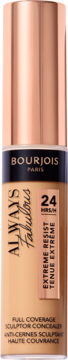 Bourjois Always Fabulous korektor o pełnym kryciu w beżowej butelce z różowo-złotą zakrętką, widok z przodu.