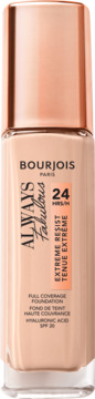 Bourjois Always Fabulous podkład z kwasem hialuronowym SPF 20, beżowa butelka z różowo-złotą nakrętką.