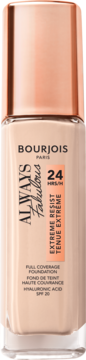 Bourjois Always Fabulous kryjący podkład z SPF 20 w szklanej butelce z miedzianą nakrętką, widok z przodu.