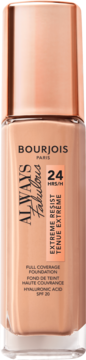 Beżowy podkład Bourjois Always Fabulous SPF 20, długotrwały, w szklanej butelce z miedzianą nakrętką.