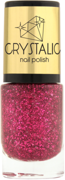 Ados Crystalic lakier do paznokci, butelka z intensywnie różowym brokatem, widok przodem, złota nakrętka z logo.