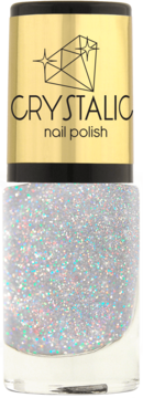 Lakier do paznokci Ados Crystalic, srebrny brokat z holograficznym połyskiem, butelka, złoty korek z logo.