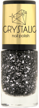 Ados Crystalic brokatowy lakier do paznokci, czarny z lśniącymi srebrnymi drobinkami, złota zakrętka, widok z przodu.