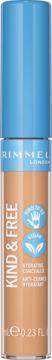 Rimmel Kind & Free nawilżający korektor w beżowej tubce, niebieska nakrętka, logo vegan, widok z przodu.