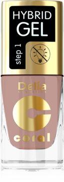 Delia Hybrid Gel lakier, odcień coral, krok 1, butelka ze złotą zakrętką, symbol braku lampy UV.