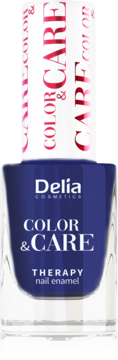 Ciemnoniebieski lakier do paznokci Delia Cosmetics Color&Care Therapy, butelka z białym napisem, widok z przodu.