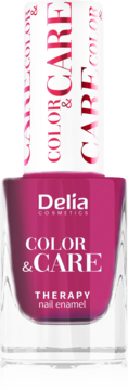 Fuksjowy lakier Delia Color & Care Therapy, butelka z białym korkiem i czerwonym napisem, widok z przodu.