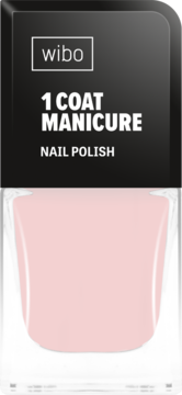 Wibo 1 Coat Manicure Nail Polish, jasnoróżowy lakier w butelce z czarną etykietą, widok z przodu.