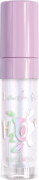 Nawilżający błyszczyk H2O Lipgloss w przezroczystej butelce, pastelowa nakrętka, iryzujące logo, widok z przodu.
