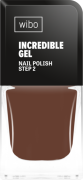 Wibo Incredible Gel Nail Polish Step 2, ciemnobrązowy lakier żelowy do paznokci o intensywnym kolorze, widok z przodu.