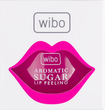 Białe opakowanie peelingu cukrowego WIBO Aromatic Sugar z grafiką różowych, błyszczących ust.