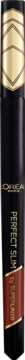 Pionowe ujęcie brązowego eyelinera L'Oréal Super Liner Perfect Slim w czarnym opakowaniu ze złotym wzorem.