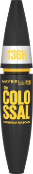 Maybelline The Colossal Longwear Mascara, czarna tubka z żółtymi napisami, widok z przodu, do 36H.
