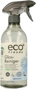 EcoFreude Glas-Reiniger 99,8% naturalny, w przezroczystej butelce z szarym atomizerem, widok z przodu.