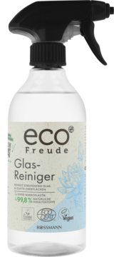 Przeźroczysta butelka eco Freude Glas-Reiniger z atomizerem, do szyb i luster, 99,8% naturalny, widok z przodu.