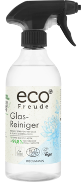 Eco Freude Glas-Reiniger: przezroczysta butelka z czarnym atomizerem. Etykieta: zielone logo, 99.8% nat. składników.