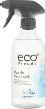 Przezroczysta butelka Eco Freude Płyn do mycia szyb, szary spryskiwacz, wegański, 99.8% naturalny, widok przodem.
