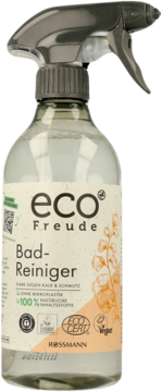Eco Freude Bad-Reiniger w przezroczystej butelce z szarym spryskiwaczem, 100% nat. składników, widok z przodu.