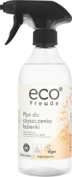 Eco Freude Płyn do czyszczenia łazienki, przezroczysta butelka z czarnym atomizerem, zielone logo, widok z przodu.