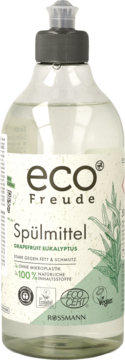 EcoFreude płyn do naczyń grejpfrut-eukaliptus, przezroczysta butelka Rossmann z szarą pompką, widok z przodu.