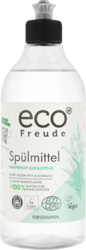Eco Freude Spülmittel Grejpfrut Eukaliptus, 100% naturalny skład, klarowna butelka, widok z przodu.