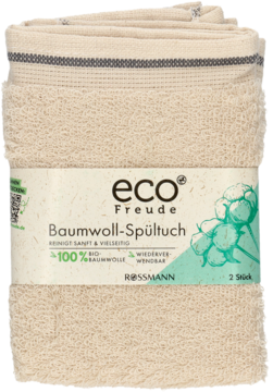 Eco Freude: dwie zwinięte bawełniane ściereczki, kremowe z szarym paskiem, w zielonej banderoli, widok z przodu.