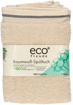Eco Freude: dwie zwinięte bawełniane ściereczki, kremowe z szarym paskiem, w zielonej banderoli, widok z przodu.