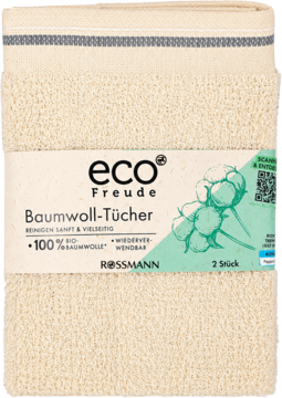Eco Freude Bawełniane ściereczki (2 szt.), ecru z paskiem, złożone, z zieloną banderolą i bawełną, widok z przodu.