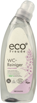 Eco Freude WC-Reiniger Citrus Flieder, przezroczysta butelka z etykietą i fioletowymi kwiatami, widok z przodu.