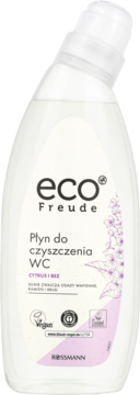 eco Freude Płyn do czyszczenia WC CYTRUS I BEZ, biało-fioletowa butelka z nakrętką pod kątem, widok z przodu.