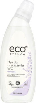 Eco Freude Płyn do czyszczenia WC Citrus i Bez, biała butelka z wegańskim certyfikatem, widok z przodu.