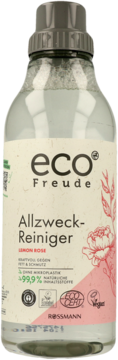 eco Freude Allzweck-Reiniger Lemon Rose, przezroczysta butelka z beżowo-różową etykietą, widok z przodu.