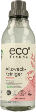 eco Freude Allzweck-Reiniger Lemon Rose, przezroczysta butelka z beżowo-różową etykietą, widok z przodu.