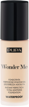 PUPA Wonder Me, jasnobeżowy podkład do twarzy, wodoodporny, w szklanej butelce z czarną nakrętką, widok z przodu.