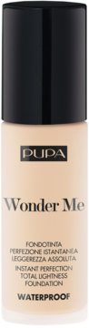 PUPA Wonder Me, jasnobeżowy podkład do twarzy, wodoodporny, w szklanej butelce z czarną nakrętką, widok z przodu.