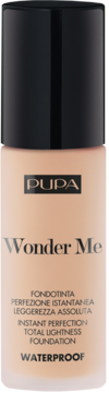 Podkład PUPA Wonder Me w beżowej butelce z czarną nakrętką, widok z przodu. Widoczny napis Waterproof.