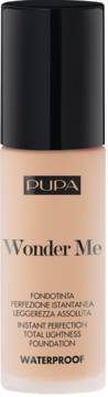 Wodoodporny podkład do twarzy PUPA Wonder Me w beżowej butelce z czarną zakrętką, widok z przodu.