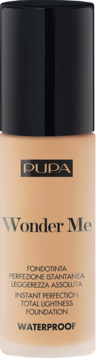 Pupa Wonder Me podkład do twarzy, wodoodporny, w beżowej butelce z czarną nakrętką, widok z przodu.
