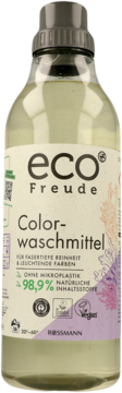 Eco Freude Color-Waschmittel Rossmann w przezroczystej butelce z żółtym płynem, 98,9% naturalne, widok z przodu.