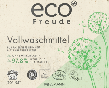 Opakowanie Eco Freude Vollwaschmittel, beżowe z zielonymi dmuchawcami, widok z przodu. Produkt bez mikroplastiku.