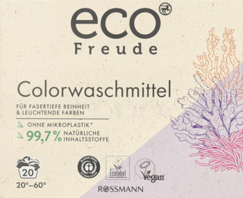 eco Freude Colorwaschmittel, beżowe opakowanie z różowymi koralowcami, 99,7% naturalne, widok z przodu.