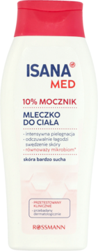 Isana Med 10% Mocznik, mleczko do ciała dla bardzo suchej skóry, biała butelka z czerwoną nakrętką.