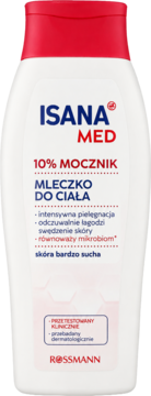 Biała butelka Isana Med Mleczko do Ciała 10% Mocznik dla bardzo suchej skóry, z czerwoną nakrętką, widok z przodu.